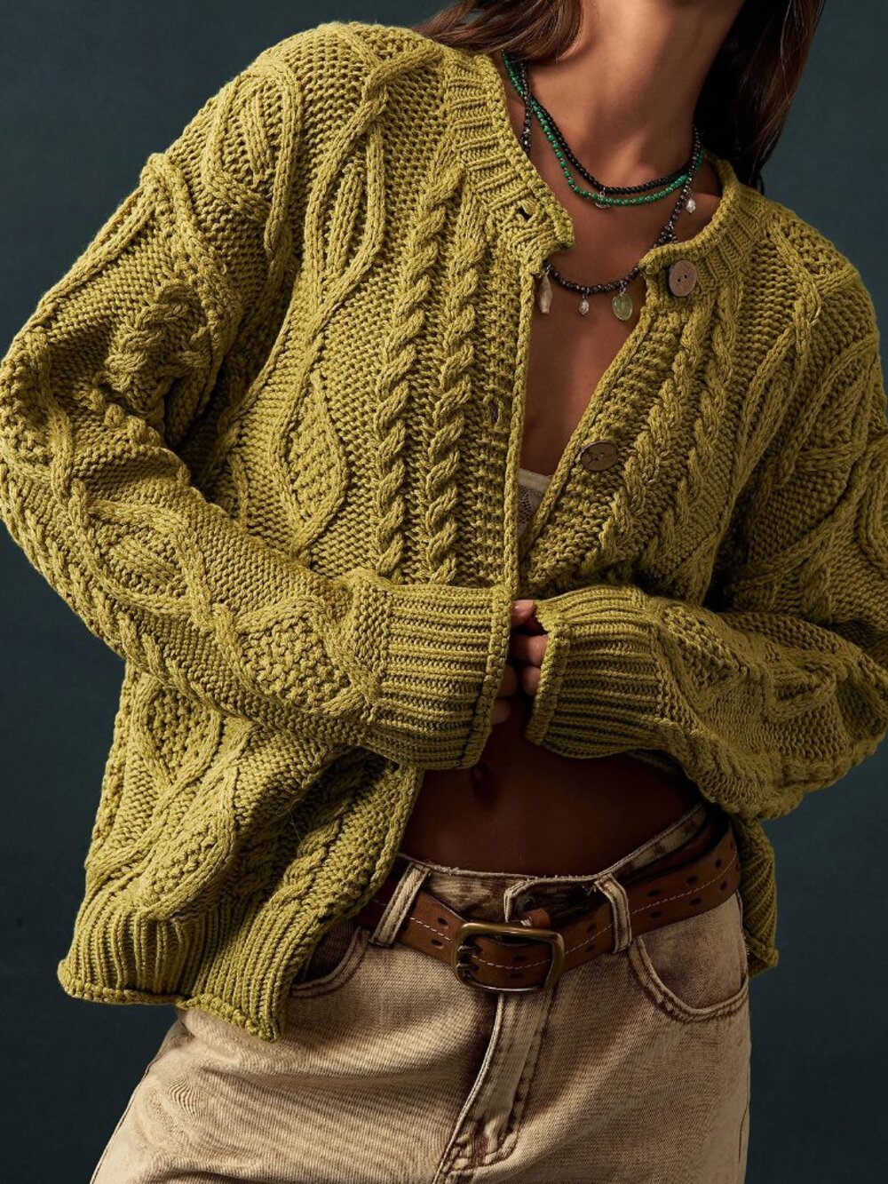 Green Casual Women's Long Sleeve Cable Knit Single-Breasted Cardigan